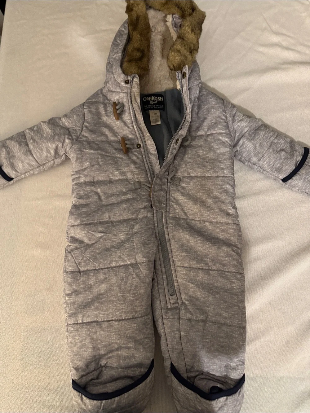 OshKosh B'gosh Light Gray Quilted Hooded Puffer Snowsuit with Faux Fur Trim